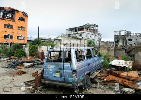 Marawi City, Philippines. 7th Feb. 2018. Damages and devastation in downtown Marawi City (so called 'Ground Zero') after the liberation by the Philippine Armed Forces following the one-year siege by ISIS in 2017 Stock Photo