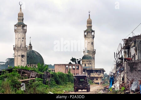 Marawi City, Philippines. 7th Feb. 2018. Damages and devastation in downtown Marawi City (so called 'Ground Zero') after the liberation by the Philippine Armed Forces following the one-year siege by ISIS in 2017 Stock Photo