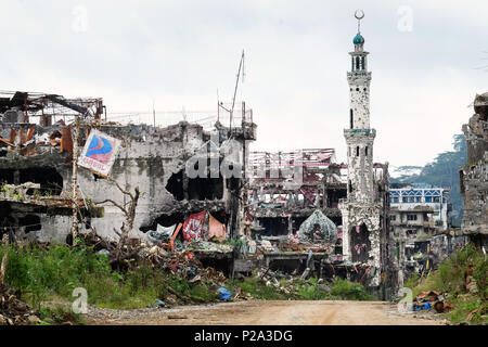 Marawi City, Philippines. 7th Feb. 2018. Damages and devastation in downtown Marawi City (so called 'Ground Zero') after the liberation by the Philippine Armed Forces following the one-year siege by ISIS in 2017 Stock Photo