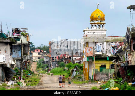 Marawi City, Philippines. 7th Feb. 2018. Damages and devastation in downtown Marawi City (so called 'Ground Zero') after the liberation by the Philippine Armed Forces following the one-year siege by ISIS in 2017 Stock Photo