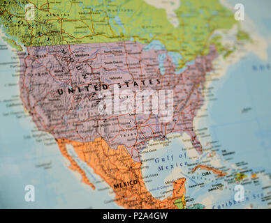 Closeup shot of North America topographic map, centred on the United States. Shallow depth of field. Stock Photo