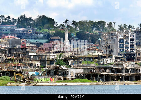 Marawi City, Philippines. 7th Feb. 2018. Damages and devastation in downtown Marawi City (so called 'Ground Zero') after the liberation by the Philippine Armed Forces following the one-year siege by ISIS in 2017 Stock Photo