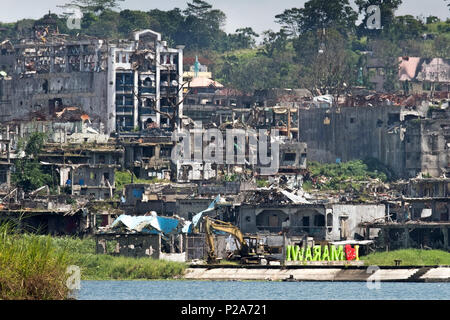 Marawi City, Philippines. 7th Feb. 2018. Damages and devastation in downtown Marawi City (so called 'Ground Zero') after the liberation by the Philippine Armed Forces following the one-year siege by ISIS in 2017 Stock Photo