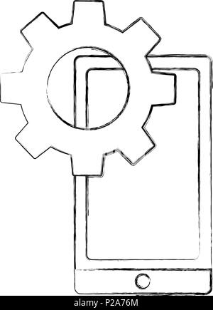mobile gear setting on screen work vector illustration sketch Stock Vector
