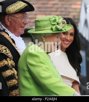 Queen Elizabeth II accompanied by the Duchess of Sussex arrive at Chester Town Hall for a lunch as guests of Cheshire West and Chester Council. Stock Photo