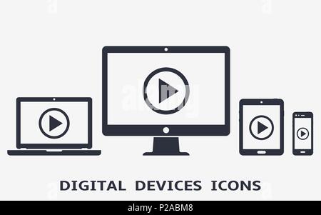 Device icons: smart phone, tablet, laptop and desktop computer with play button on screen. Vector illustration of responsive web design. Stock Vector