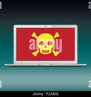 Laptop with scull sign on screen. Vector illustration. Stock Vector