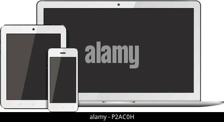 Open laptop, smartphone and tablet pc template for responsive design presentation. Isolated on white background. Stock Vector
