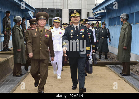 Seoul, South Korea. 14th June, 2018. June 14, 2018-Panmungak, North Korea-North Korean and South Korean Military delegates meet with talk during a Inter-Korean Military talk at Panmungak, North Korea. South and North Korea are holding their first high-level military talks in more than 10 years Thursday to discuss ways to ease cross-border tensions. The meeting started at 10 a.m. on the northern side of the truce village of Panmunjom, according to Seoul's defense ministry. These were the first such talks since the two sides met in December 2007. South Korea's five-member delegation is led by M Stock Photo