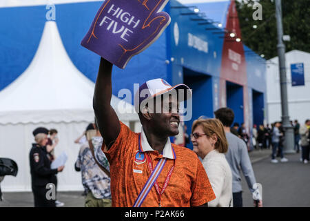 Moscow, Russia. 13th Jun 2018. First match of FIFA 2018 World Football championship. Volunteer during the match Russia Vs Saudia Arabia in the Fan fest venue. Credit: Marco Ciccolella/Alamy Live News Stock Photo