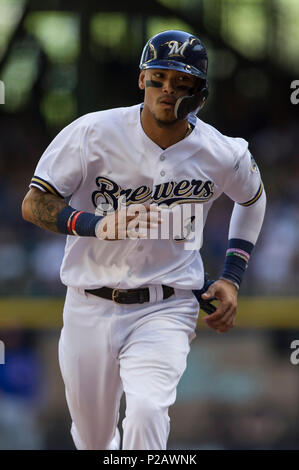 August 24, 2018: Milwaukee Brewers shortstop Orlando Arcia #3 in action  during the Major League Baseball game between the Milwaukee Brewers and the  Pittsburgh Pirates at Miller Park in Milwaukee, WI. John