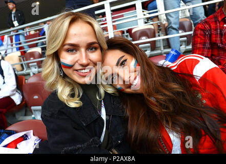 Moscow, Russia. 14th June, 2018. Russia fans pose during the FIFA World Cup Russia 2018 Group A match between Russia 5-0 Saudi Arabia at Luzhniki Stadium in Moscow, Russia, June 14, 2018. Credit: Kenzaburo Matsuoka/AFLO/Alamy Live News Stock Photo