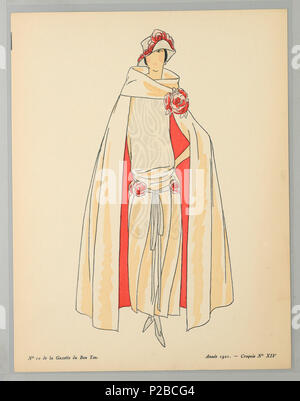 .  English: Print, Sketch No. XIV, from La Gazette du Bon Ton, No. 10, 1921 .  English: Center woman stands draped in a cream cape with pink lining, the thick cowl neck collar is clasped by a rose. Underneath she wears a matching drop waist dress with rose decorated sash and hat. . 1921 269 Print, Sketch No. XIV, from La Gazette du Bon Ton, No. 10, 1921 (CH 18614957) Stock Photo