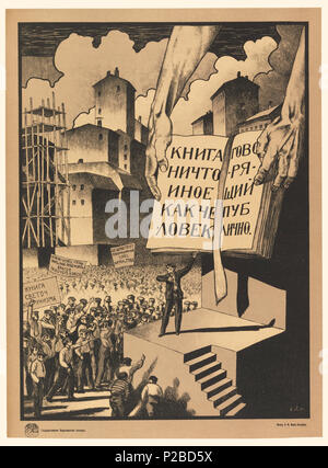 .  English: Poster, A Book Is Nothing But a Person Talking Publicly, 1920 .  English: Poster depicting a town view with buildings and scaffolding in the background under large clouds. Large arms coming from above hold a book open to an audience of men (workers) holding signs. All look to a man, standing on a tall platform, pointing to the book. . 1920 232 Poster, A Book Is Nothing But a Person Talking Publicly, 1920 (CH 18638825) Stock Photo