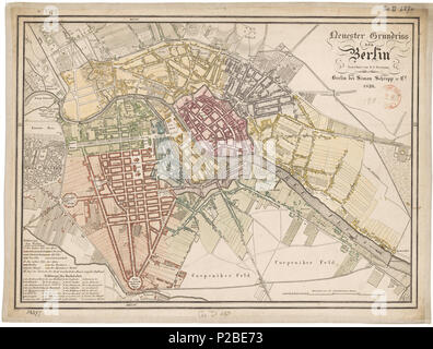 . Neuester Grundriss von Berlin. Deutsch: Der Titel steht 3-zeilig rechts oben im Plan, darunter: 'Gezeichnet von D. G. Reyman / Berlin bei Simon Schropp & Co. / 1826'. Links unten im Plan eine Legende mit den Farben der 11 Städte, 'Erklärung der Buchstaben' a-z, aa-ee und Zeichen der 'Haupt- u.d. ordinären Wachen'. Rechts unten eine Maßstabsleiste über '400 rheinländische Ruthen'. Im Rahmen sind ist die geogr. Länge und Breite der Sternwarte (nach Ferro) angegeben. Neuauflage des Plans von 1825 mit einigen Nachträgen wie der Mineral-Brunnen-Anstalt. Erstausgabe des Plans war 1805 und eine um  Stock Photo