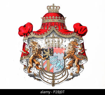 Coat of arms of the kingdom of bavaria, germany, Wappen des Königreich Bayern, Deutschland, digital improved reproduction from an original print from the 19th century, 1881 Stock Photo
