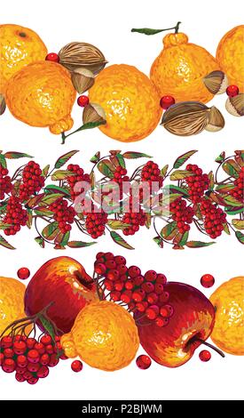 set of horizontal seamless patterns with tangerines, rowan, nuts and apples. Vector illustration Stock Vector
