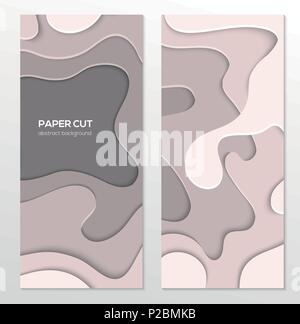 Abstract grey banner - set of vector template illustrations on white background with place for your info. Paper cut shapes, warm colors. Two vertical  Stock Vector
