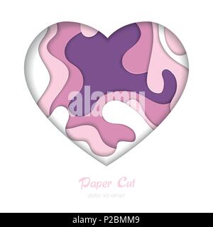 Romantic abstract layout - vector paper cut banner in a heart shaped frame on white background with place for your information. Purple and pink colors Stock Vector
