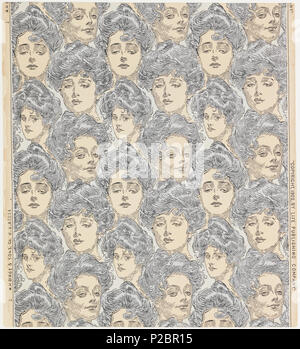 .  English: Sidewall, Bachelor's Wall Paper, 1902 .  English: Repeating pattern containing the faces of Charles Dana Gibson's unmistakable 'Gibson Girls'. a) The faces are printed in black with light blue patches of color for the hair, on an off-white ground. 'a' is machine printed; b) a 1969 Birge reproduction of the original. Same design as 'a' but reversed and slightly larger scale. The faces are printed in black over a possibly 3 color floral ground having the appearance of camouflage. 'b' is screen printed. . 1902 292 Sidewall, Bachelor's Wall Paper, 1902 (CH 18475233) Stock Photo