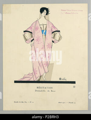 .  English: Print (France), 1920 .  English: The caption reads: Hésitation / Déshabillé, de Beer. Center woman stands in pink floral kimono-inspired dress with wide sleeves and belted with thick blue sash. Woman has short cropped black hair and stand with hands on hips. . 1920 261 Print (France), 1920 (CH 18614939) Stock Photo