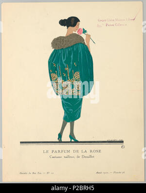 .  English: Print (France), 1920 .  English: The caption reads: Le Parfum de la Rose / Costume tailleur, de Dœuillet. Center woman stands smelling a rose. Back facing the viewer, she wears a green dress with matching cape detailed with fur collar and gold stitching, grey tights, and green heels. . 1920 261 Print (France), 1920 (CH 18614941) Stock Photo