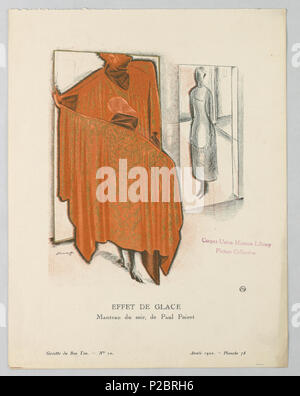 .  English: Print (France), 1920 .  English: The caption reads: Effet de glace / Manteau du soir, de Paul Poiret. Center, three figures stand, one a reflection in a large pannel of glass. The woman on the left stand leaning again at large sheet of glass wearing an fancifully drapped orange evening coat with filigree detailing and full collar. The right figure stands shadowed in a doorway wearing a house dress and apron. . 1920 261 Print (France), 1920 (CH 18614945) Stock Photo