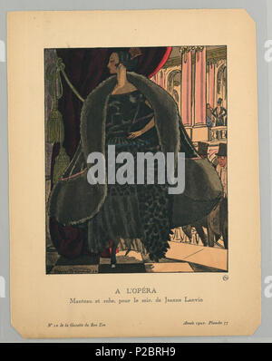 .  English: Print (France), 1920 .  English: The caption reads: A L’OPÉRA / Manteau et robe, pour le soir, de Jeanne Lanvin. (At the opera / coat and robe for the evening, of Jeanne Lanvin. Center woman stands behind a red curatin at the entrance of the opera. She wears and sweeping black fur coat and featherd black off the shoulder evening gown with defined waist and blue stone detailing. She also wears blue earrings and a large pink comb in her hair. . 1920 261 Print (France), 1920 (CH 18614943) Stock Photo