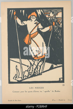 .  English: Print (France), 1920 .  English: The caption reads: Les Neiges / Costume pour les sports d’hiver, en “agnella” de Rodier. Center a woman on skis stands on the side of a mountain wearing an oversize white wrap coat with orange buttons on the left shoulder and center of the skirt and accented with a thick orange sash tied at the waist. Atop her head sits an orange hat which matches the detailing on her coat, gloves, and her dress underneath. . 1920 261 Print (France), 1920 (CH 18614977) Stock Photo