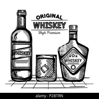 best whiskey bottles and cups drawn Stock Vector