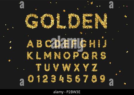 Gold Font set with letters from multi-colored paper confetti. Stock Vector