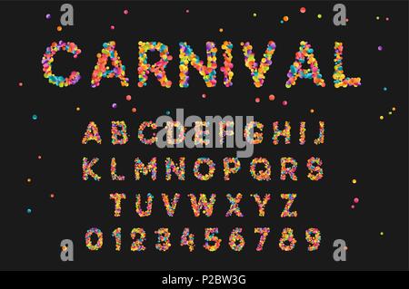 Font set with letters from multi-colored round confetti. Stock Vector