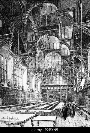 . English: Herbert Railton's illustration of Middle Temple Hall . circa 1895. Herbert Railton (1857–1910)[1] 146 Herbert Railton - Middle Temple Hall (modified) Stock Photo