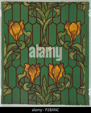 .  English: Sidewall (USA), 1900 .  English: Imitation stained glass design, with yellow tulip with green foliage and dark brown 'leading' in art nouveau style. . 1900 290 Sidewall (USA), 1900 (CH 18480473-2) Stock Photo