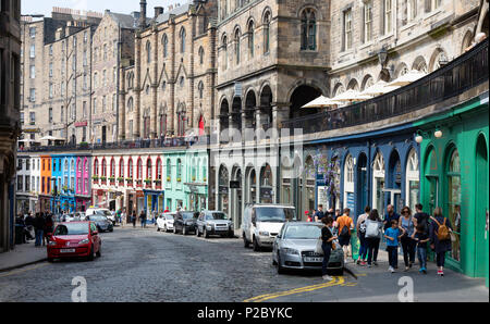 Colourful buildings on West Bow, Edinburgh old town UNESCO World Heritage site, Edinburgh, Scotland UK Stock Photo