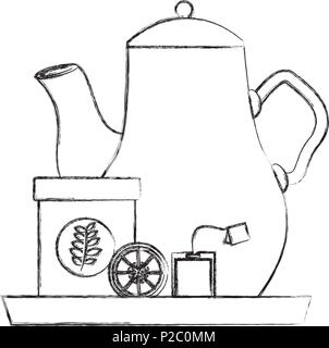 tea pot lemon and tea bag container on tray Stock Vector