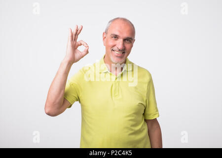 A handsome man in checkered shirt isolated on gray background showing ok sign Stock Photo