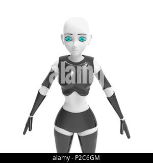 Robotic woman with real face. Futuristic silver robotic woman in front angle, 3d rendering Stock Photo