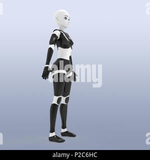 Robotic woman with real face. Futuristic silver robotic woman in front angle, 3d rendering Stock Photo