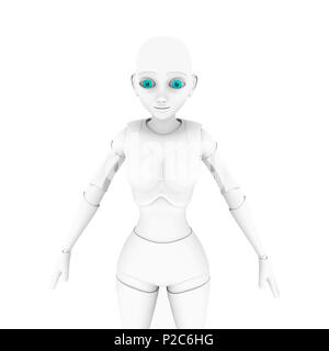 Robotic woman with real face. Futuristic silver robotic woman in front angle, Isollated on white, 3d rendering Stock Photo