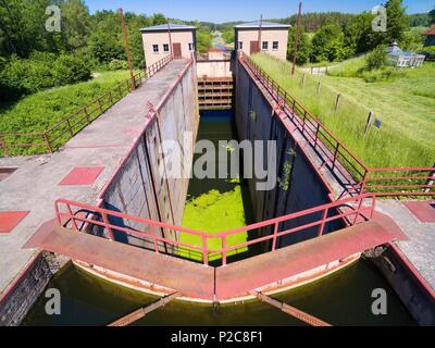 Giant concrete lock Piaski (Sandhof) in Guja - part of the Masurian Canal which was intended to connect the Great Masurian Lakes with the Baltic sea,  Stock Photo