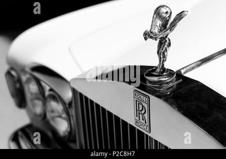 Heraklion, Crete / Greece. Close up view of the hood ornament 'Spirit of Ecstasy' and the logo of a vintage Rolls Royce car Stock Photo