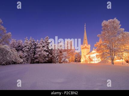 Sweden, Lapland, region listed as World Heritage by UNESCO, Norrbotten County, Overview of the Lutheran Lutheran Church of Jokkmokk (Jokkmokks Kyrka) in the heart of the Sami capital, built in 1887, renovated in 1949 Stock Photo