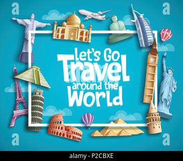 Travel and tourism vector banner design with boarder frame, travel text and famous landmarks and tourist destination elements in blue background. Stock Vector