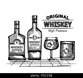 best whiskey bottles and cups drawn Stock Vector