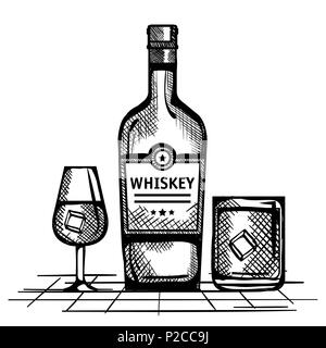 best whiskey bottles and cups drawn Stock Vector