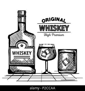 best whiskey bottles and cups drawn Stock Vector