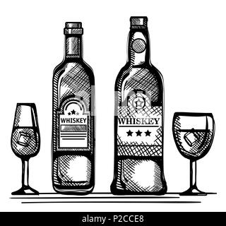 best whiskey bottles and cups drawn Stock Vector