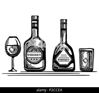 best whiskey bottles and cups drawn Stock Vector