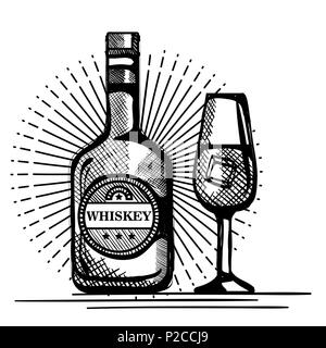 best whiskey bottles and cups drawn Stock Vector